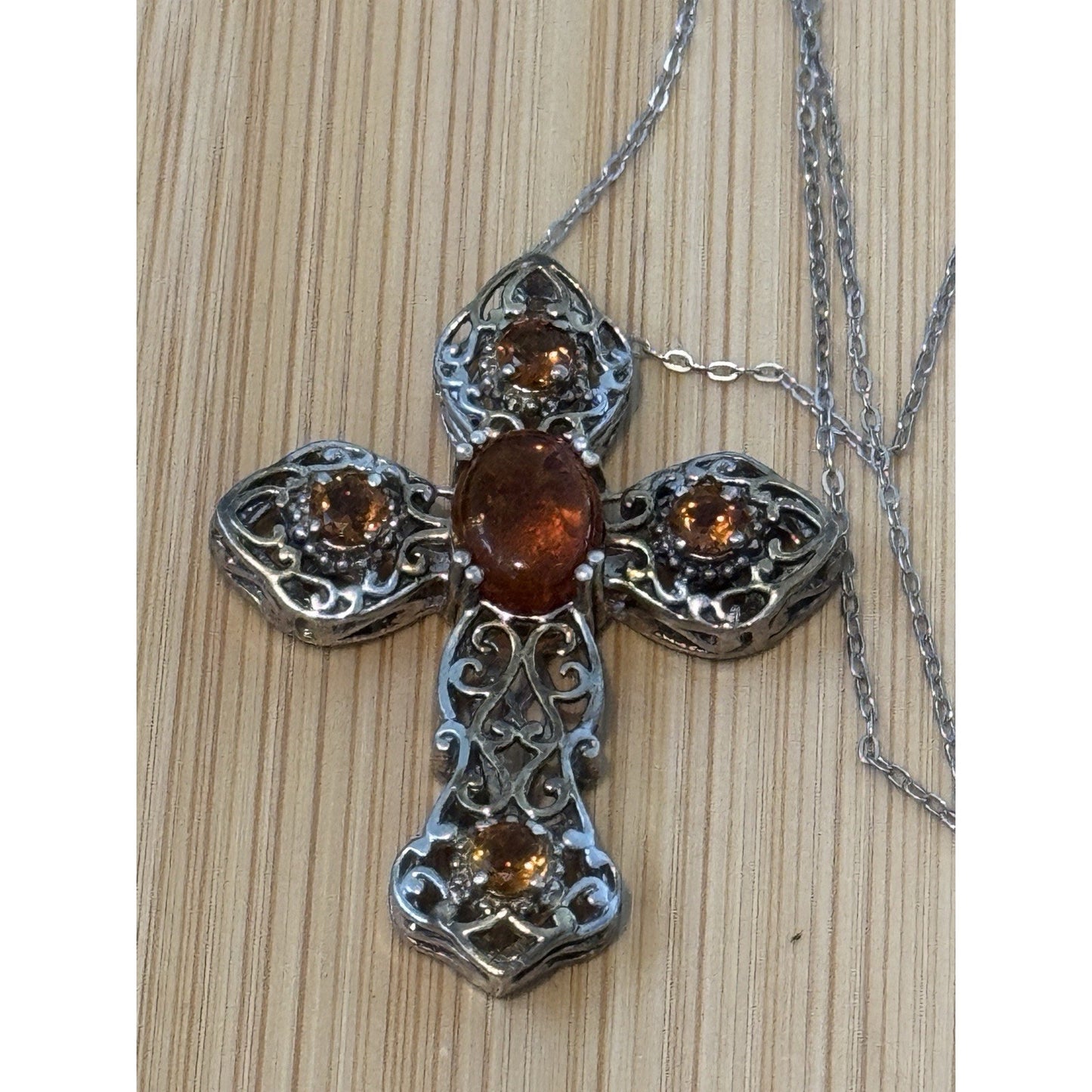 Vintage Amber & Citrine Sterling Silver Two Tone Cross And 925 Necklace 20”