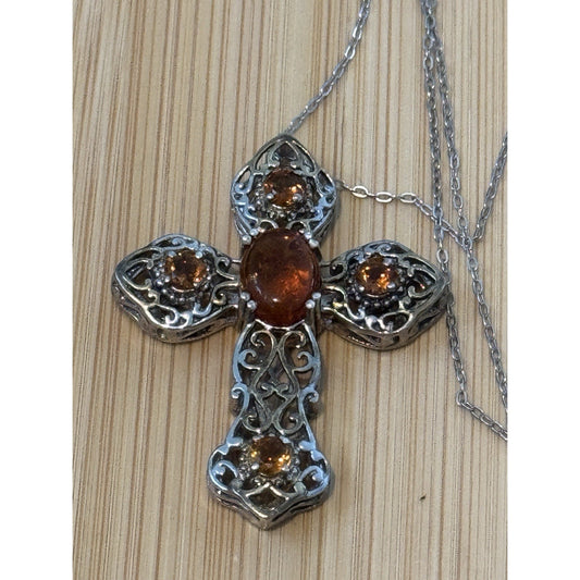 Vintage Amber & Citrine Sterling Silver Two Tone Cross And 925 Necklace 20”