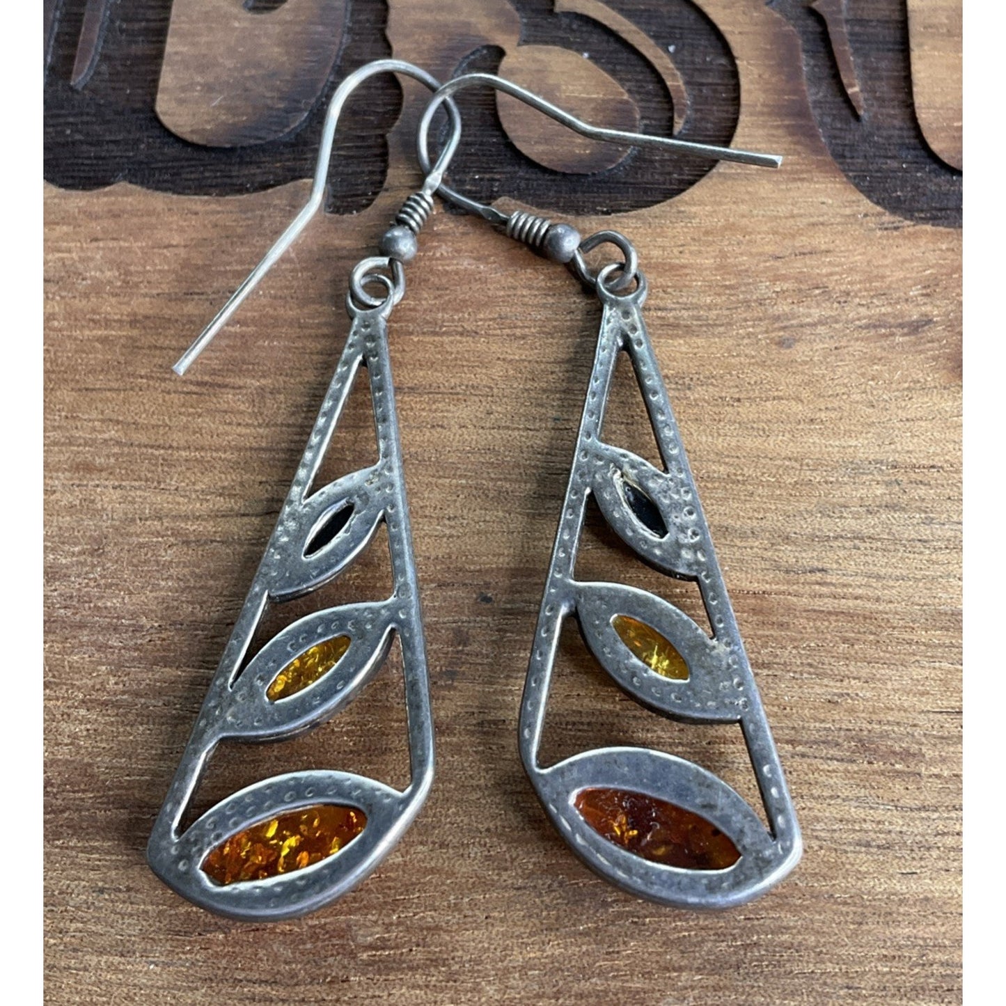Sterling Silver Baltic Amber Dangle Drop Earrings Modern 1.5”