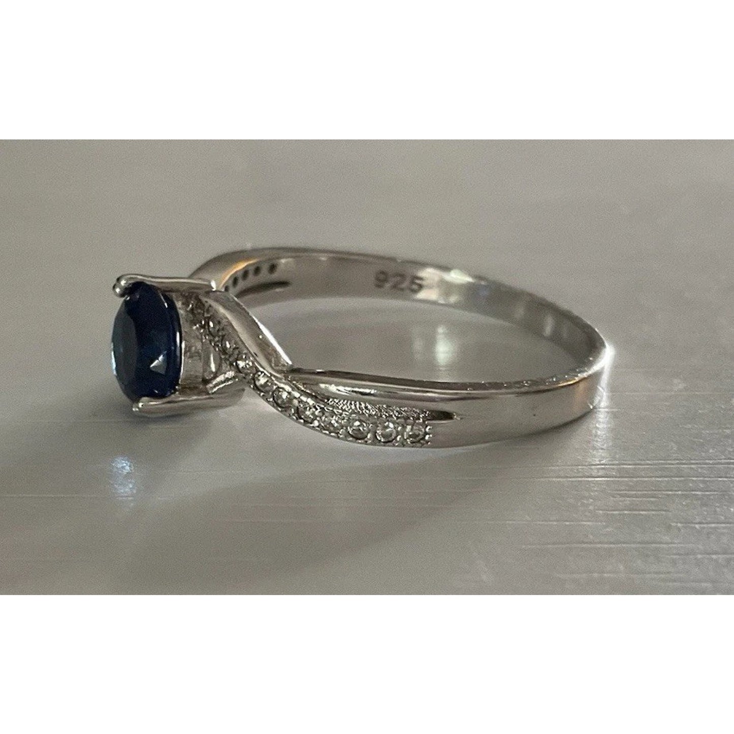 Sterling Silver Blue Sapphire Ring Size 8.5 Round Solitaire Halo Twist