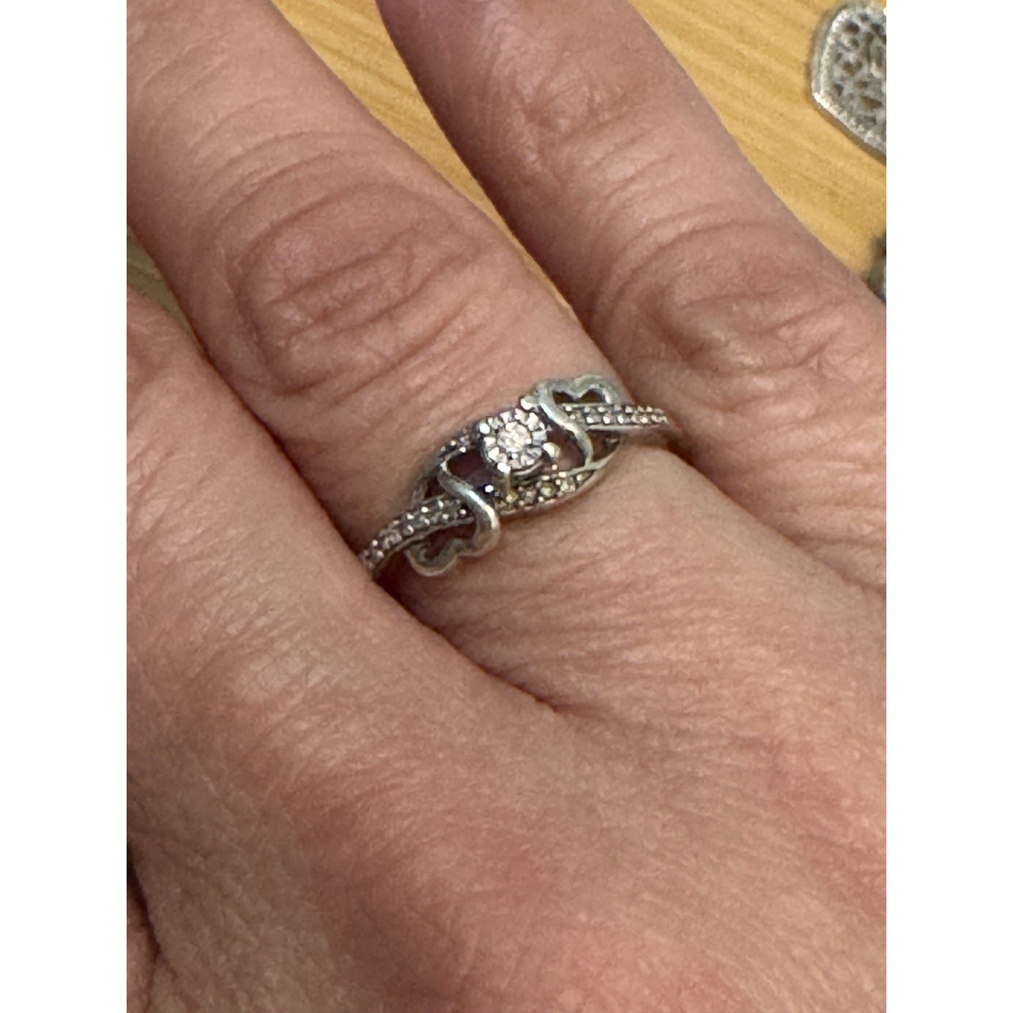 Vintage Sterling Silver Diamond Accent Sweetheart Double Heart Bypass Ring 6.5