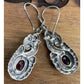 Vintage Sterling Silver Garnet Dangle Earrings Ornate Scroll 925