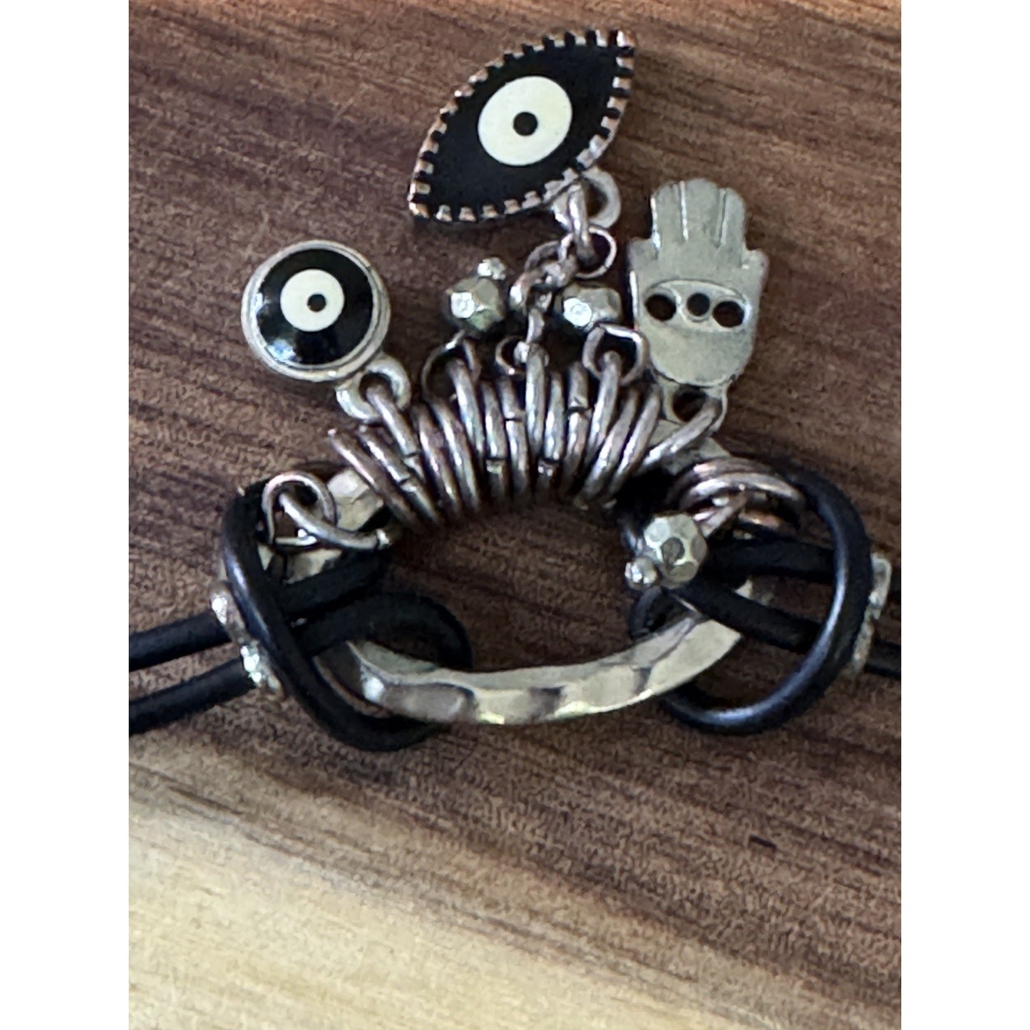 Silver Plated Black Leather Be Happy Evil Eye and Hamsa Hand Beaded Bracelet