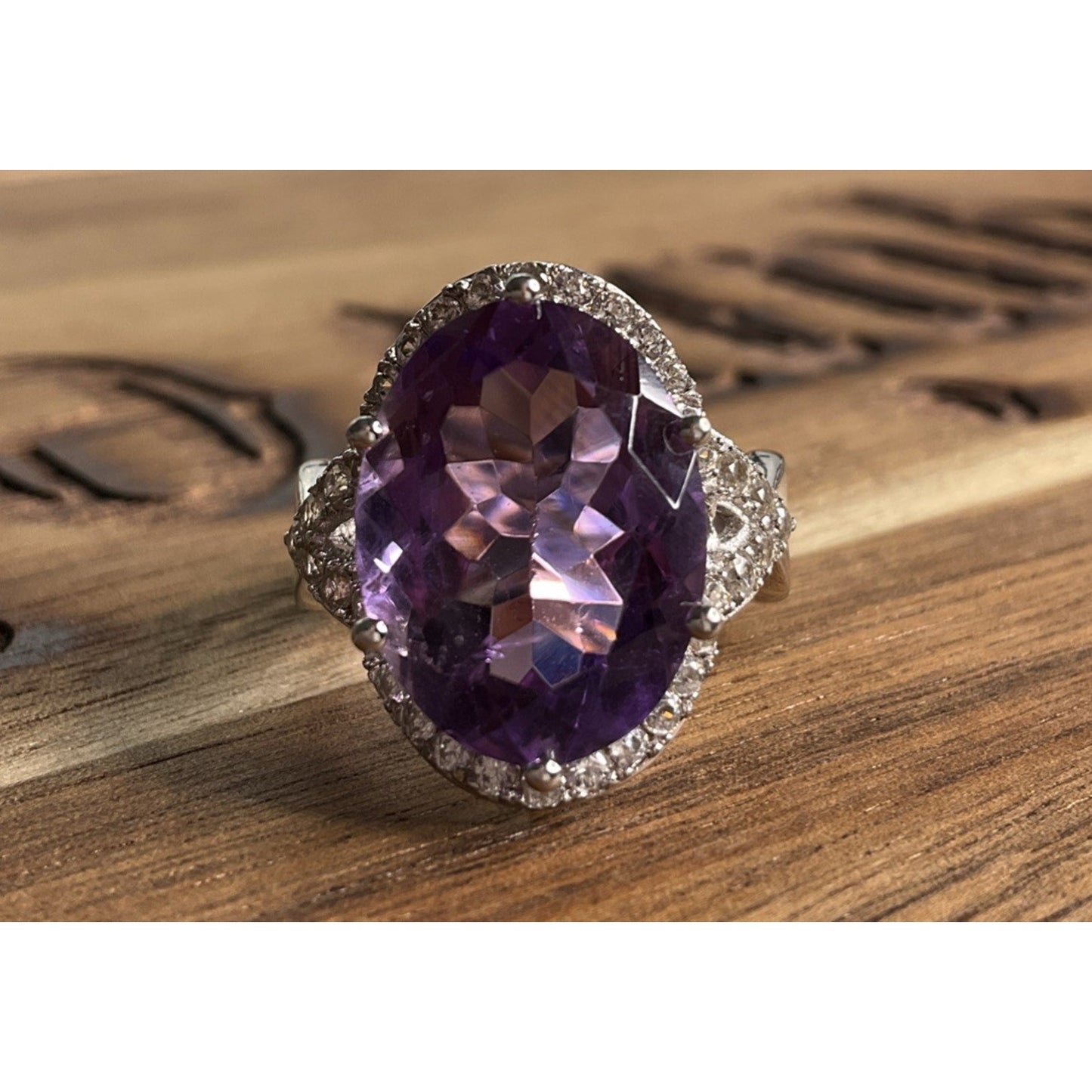 Sterling Silver Amethyst Halo Ring 925 Purple Stone Cocktail Statement Ring 7.5