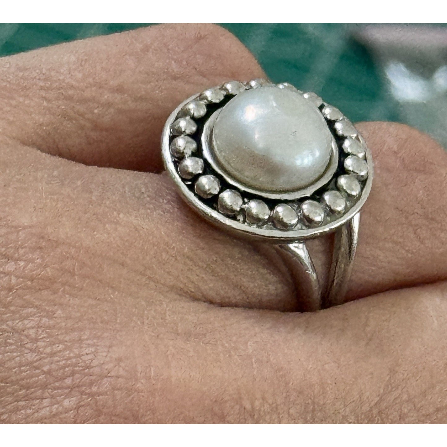 Vintage Sterling Silver Genuine Pearl Beaded Halo Statement Ring Size 7.5 10g