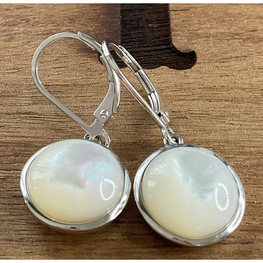 ELLE 925 Sterling Silver Mother of Pearl Dangle Drop Earrings Round Leverback