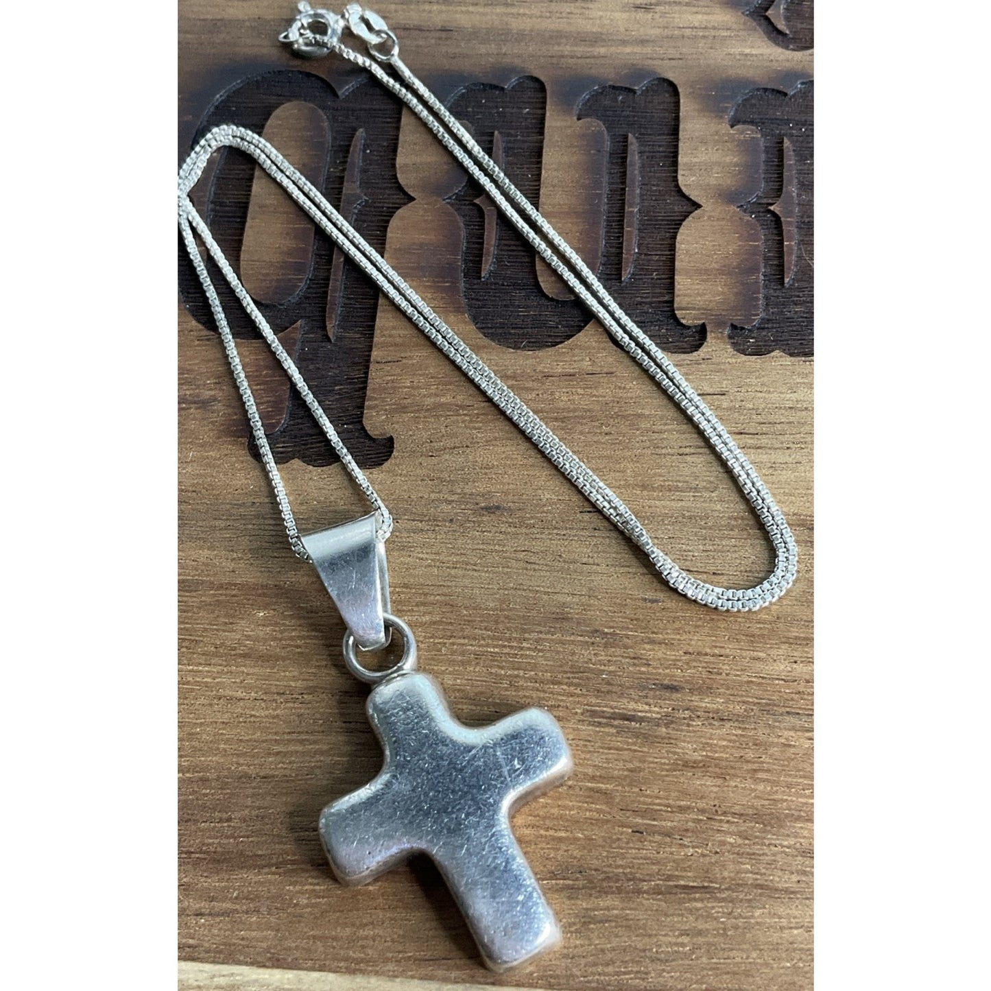 Vintage Sterling Silver Puffy Cross Pendant Necklace Rounded Cross