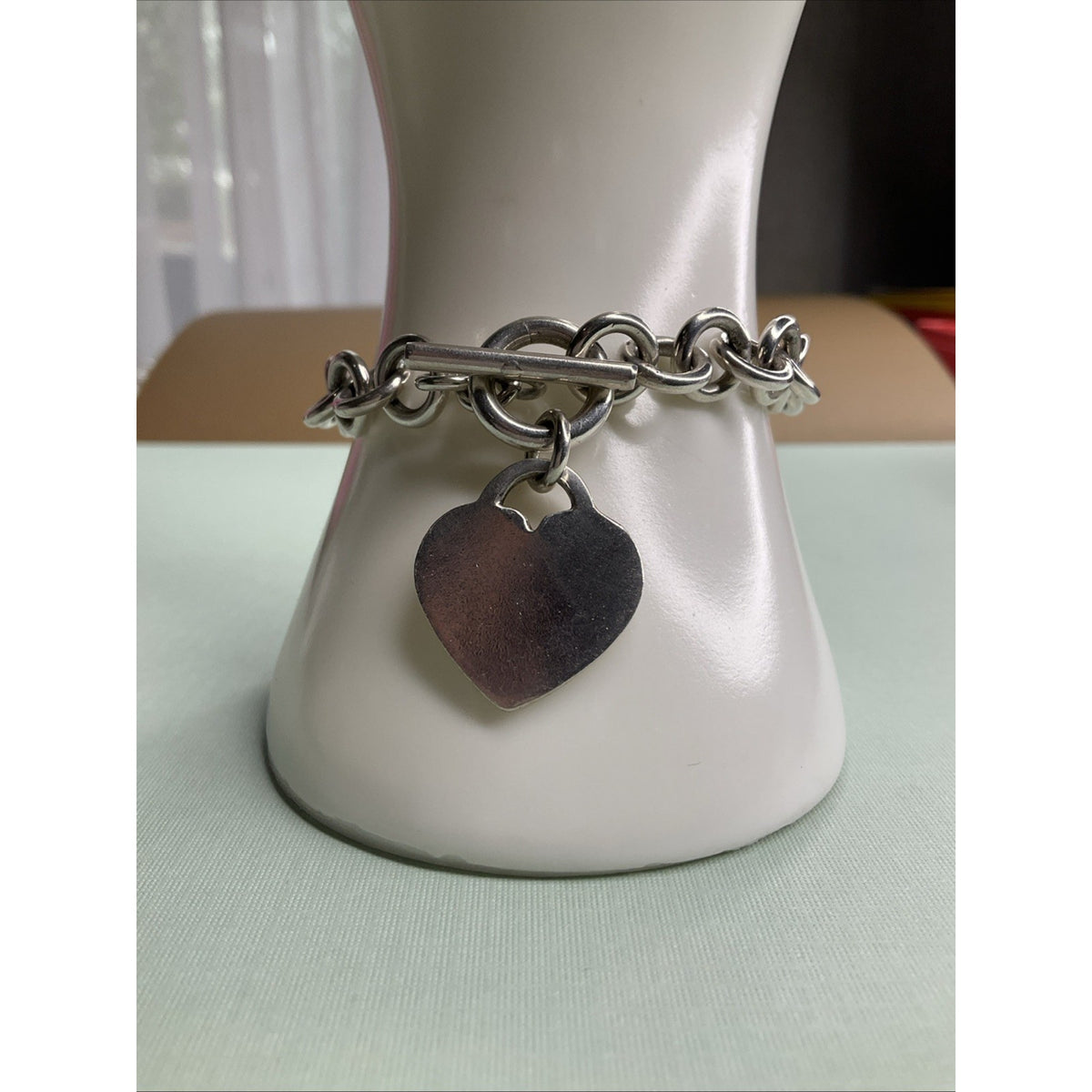 Vintage Sterling Silver Double Link Heart Charm Toggle Bracelet 40g