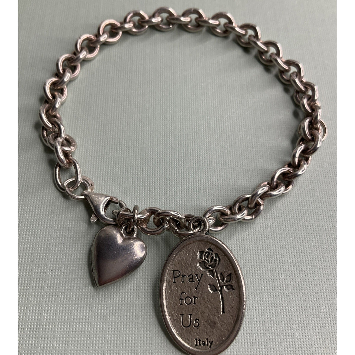 Vintage Italy Sterling Silver Guardian Angel Heart Charm Bracelet