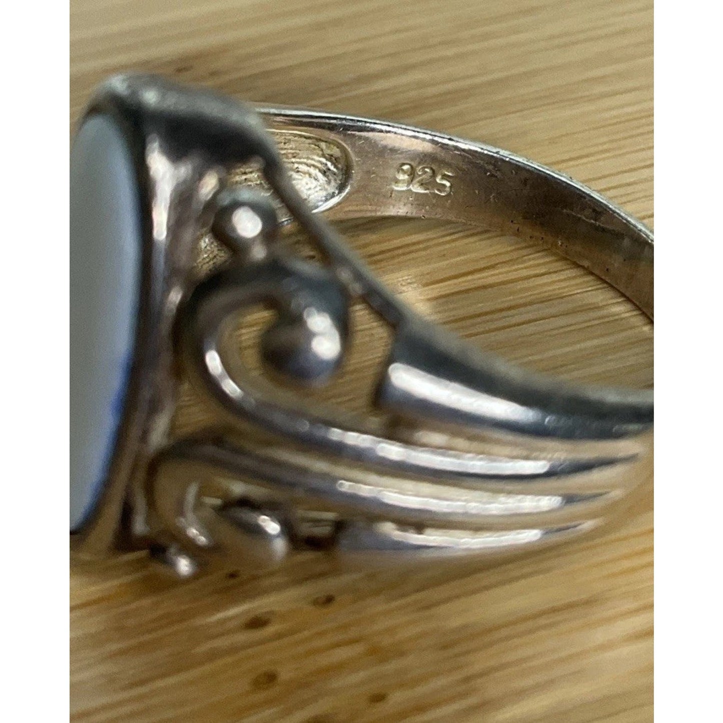 Vintage Sterling Silver Mother of Pearl Ring Oval Cabochon Scroll Filigree Sz 8