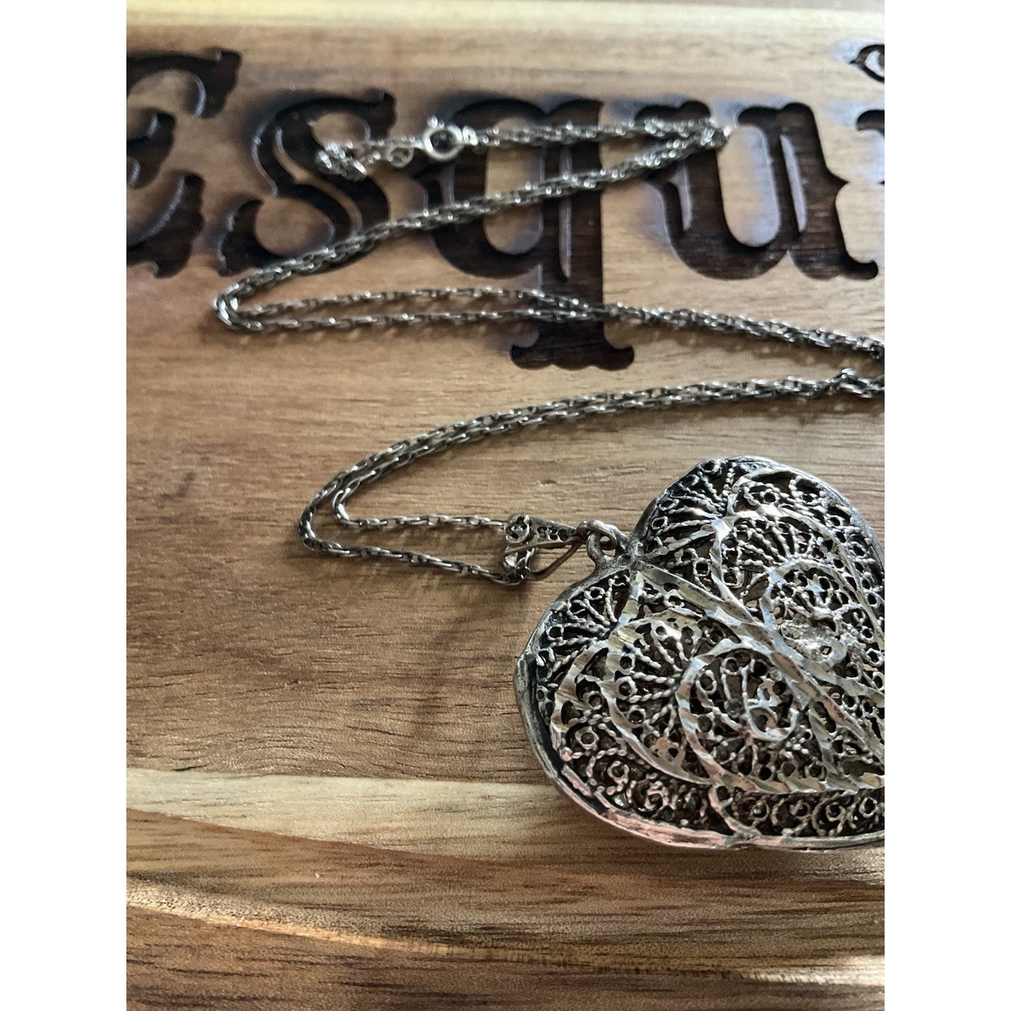 Vintage Sterling Silver Filigree Heart Pendant Necklace 925 Large Ornate Scroll