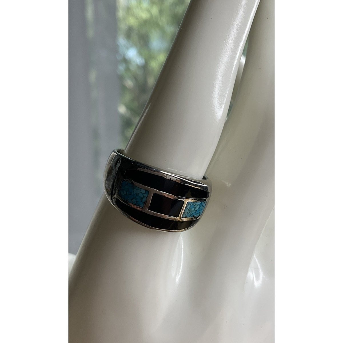 Sterling Silver Turquoise Black Onyx Inlay Ring Size 10 Southwest Band