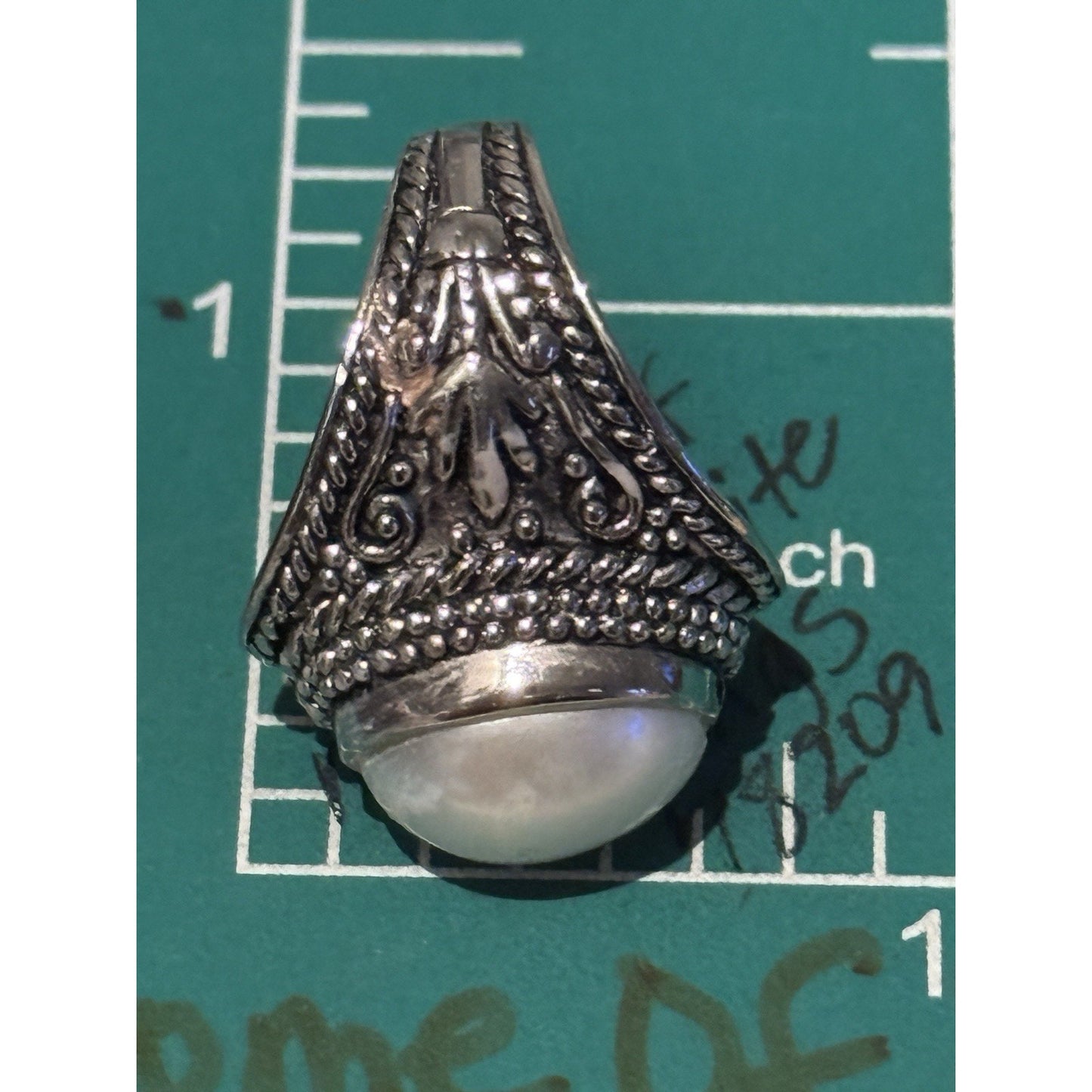 Sterling Silver CFJ Thailand Ornate Filigree Ring with Genuine Pearl Size 5