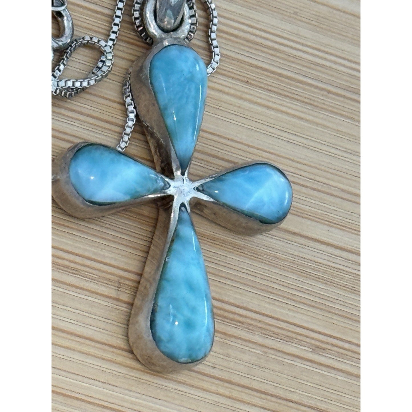 Vintage Larimar Sterling Silver 925 Cross Pendant Necklace 18” Southwestern
