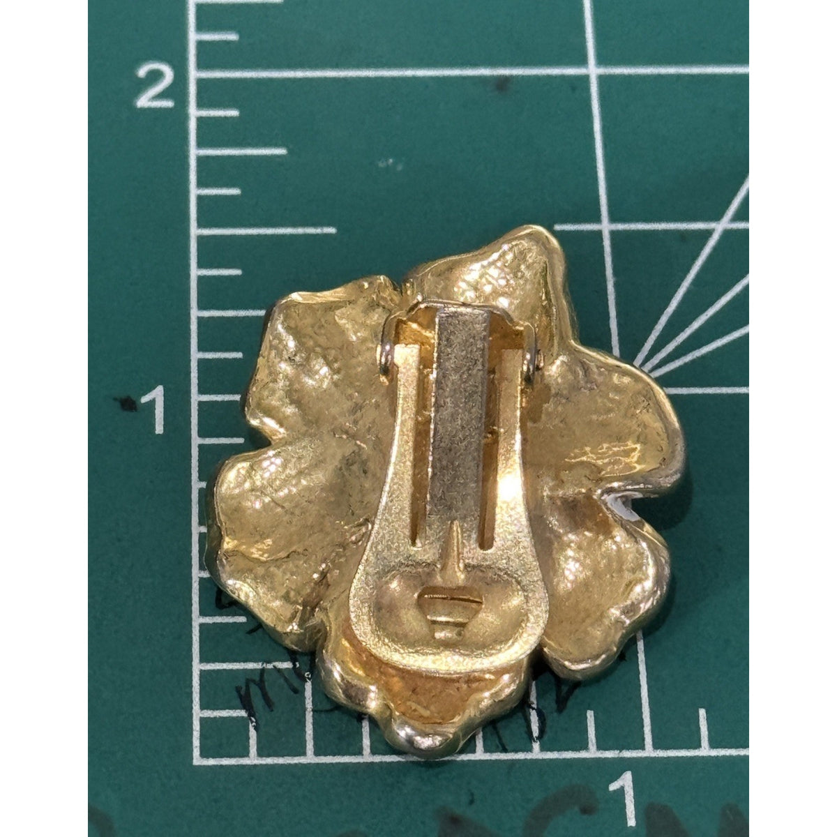 Vintage Green Enamel Flower Clip On Earrings Gold Tone Large Floral Statement