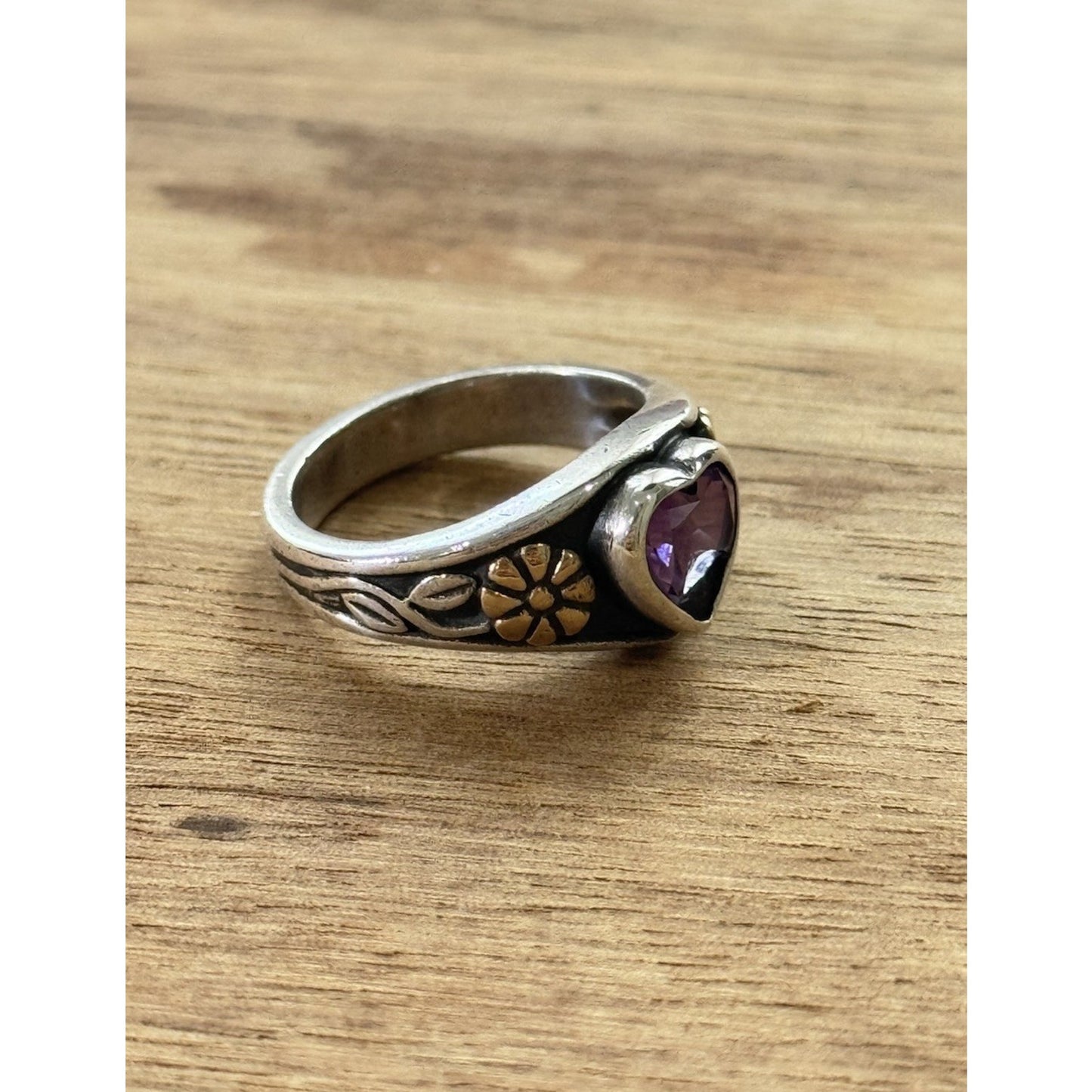 James Avery Retired Amethyst Heart 14kt Gold Flower Sterling Silver Ring Size 5