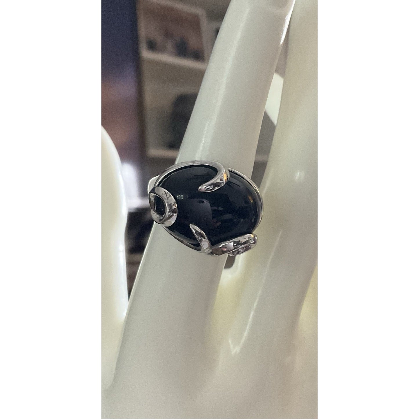 KN 925 Sterling Silver Black Onyx Ring Size 7.5 Large Cabochon