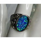 Vintage Sterling Silver Blue Green Oval Opal Filigree Ring Size 9
