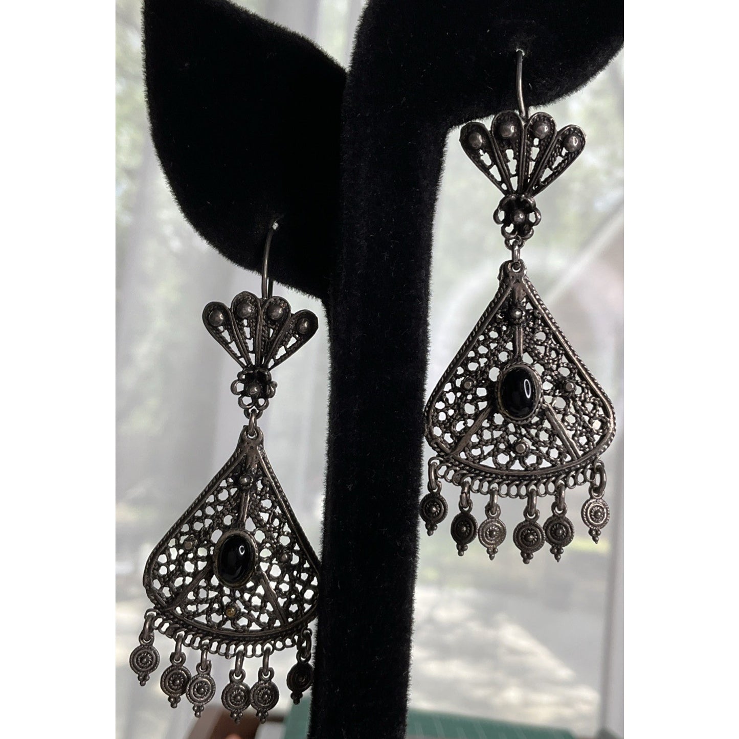 Vintage Sterling Silver Filigree Black Onyx Chandelier Earrings