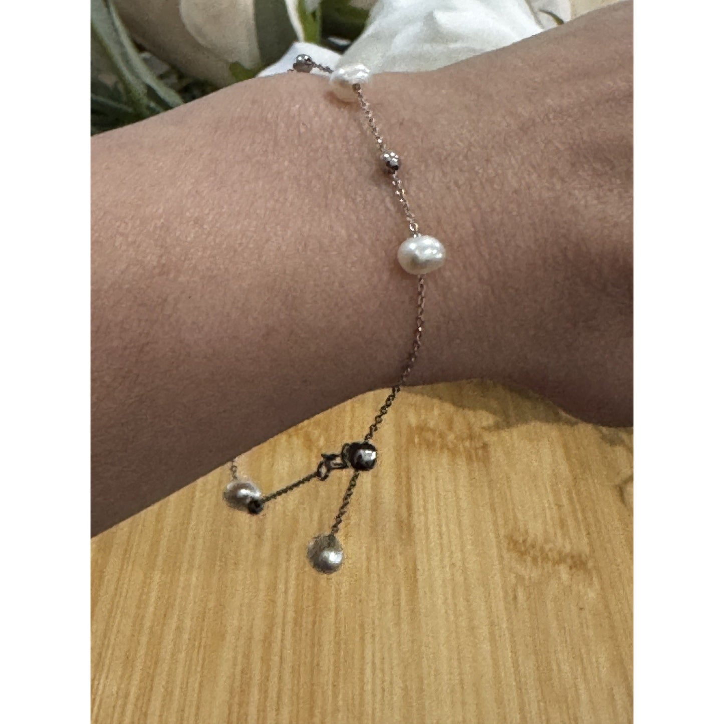 Vintage Sterling Silver Freshwater Pearl & Silver Bead Station Slider Bracelet
