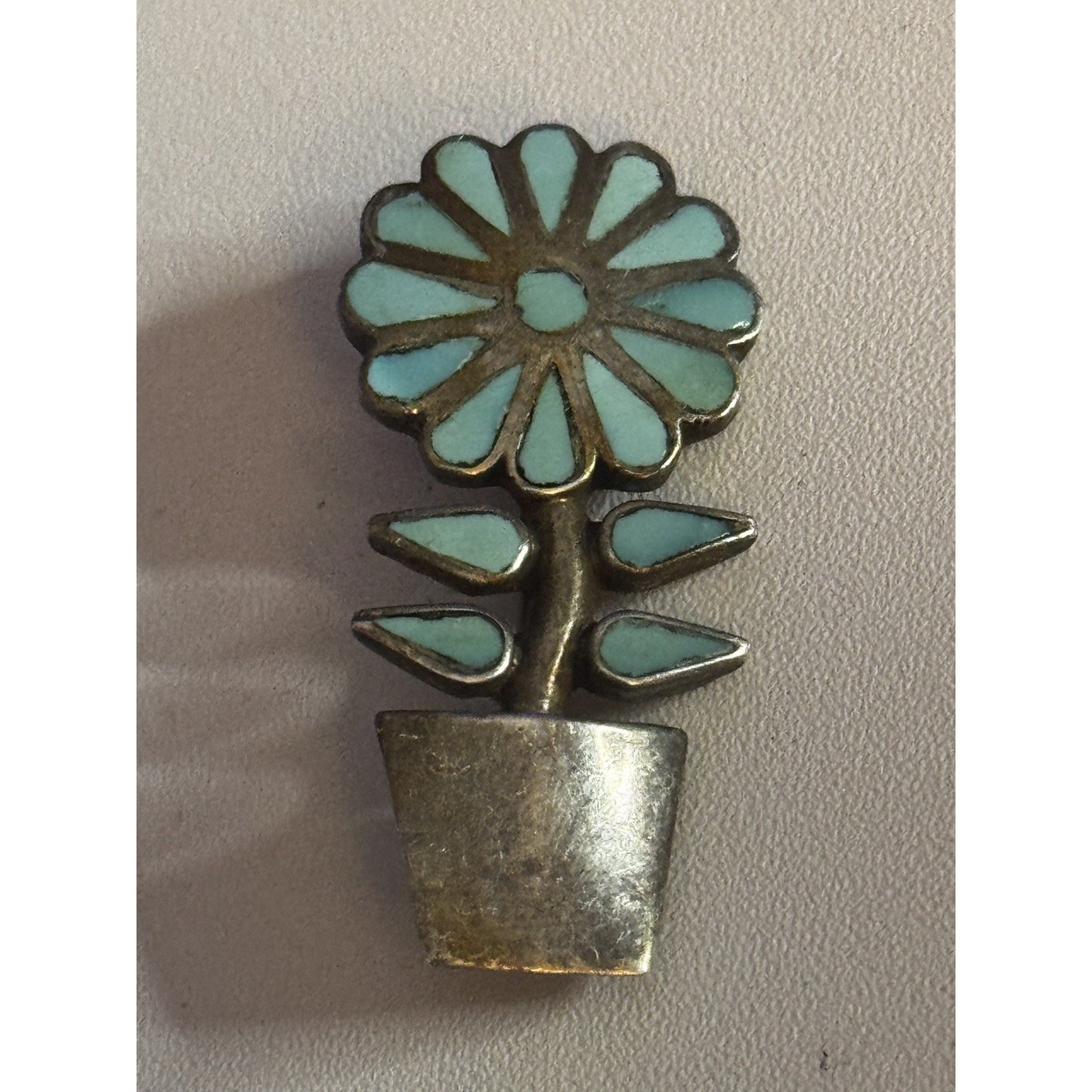 Zuni Sterling Silver Turquoise Flower Pot Brooch/Pin Pendant Signed Vintage