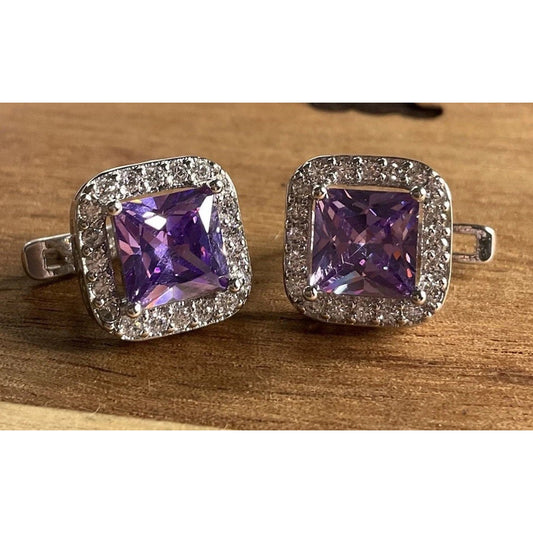 Vintage Sterling Silver Purple Amethyst Color Halo Princess Cut Earrings 3.9gr