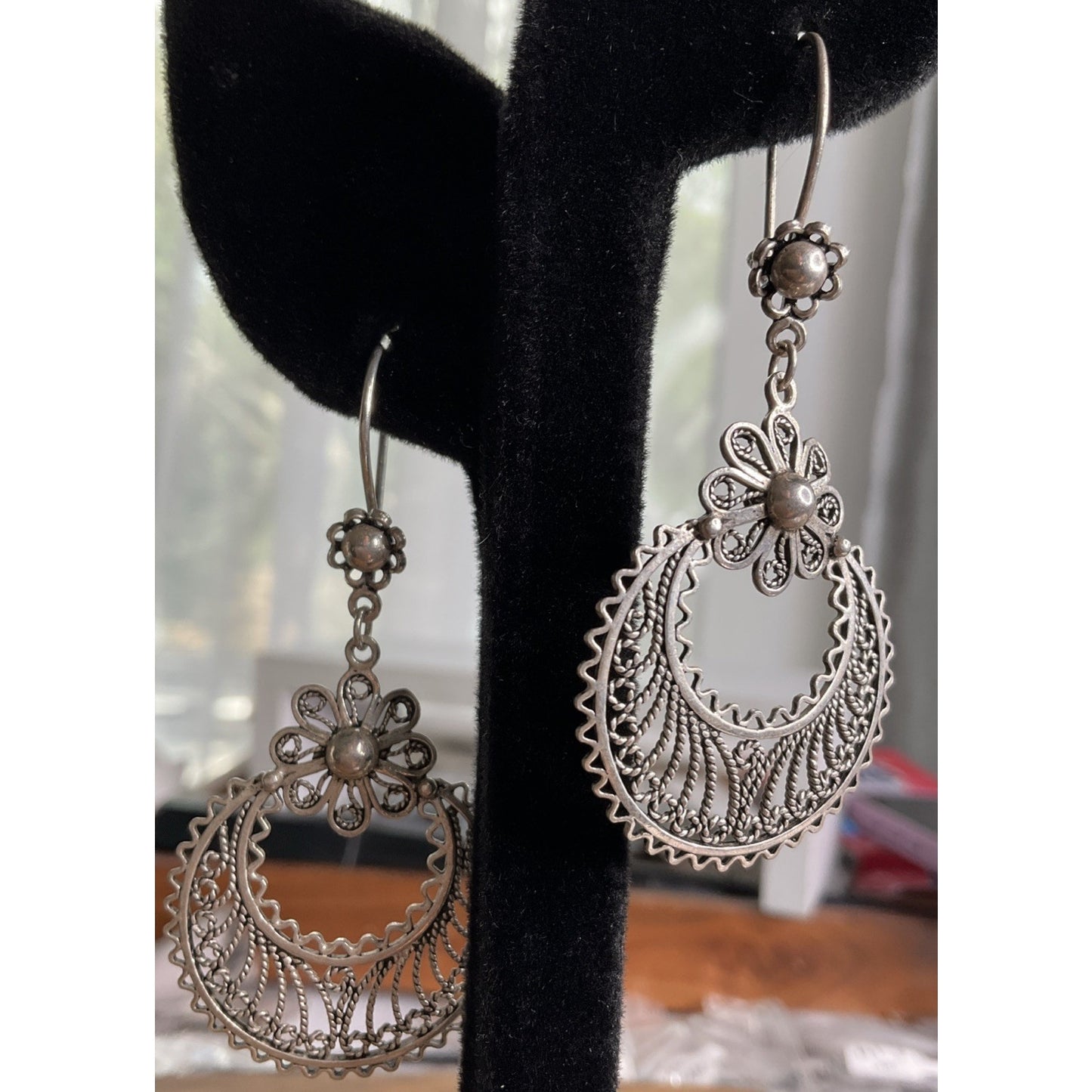 Vintage DGS Sterling Silver Turkey Filigree Crescent Moon Floral Dangle Earrings