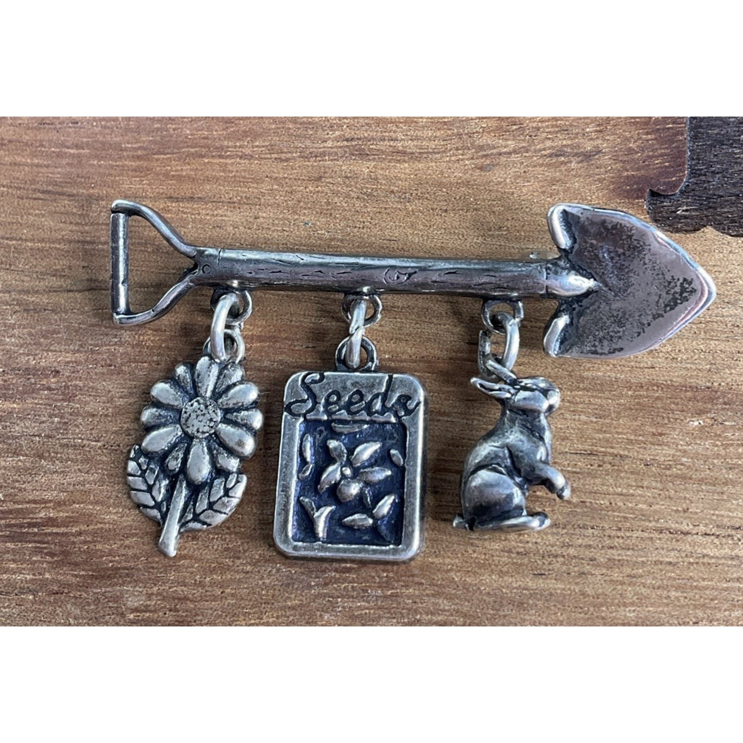 Vintage Sterling Silver Garden Charm Brooch DV 925 Shovel Rabbit Seeds Pin