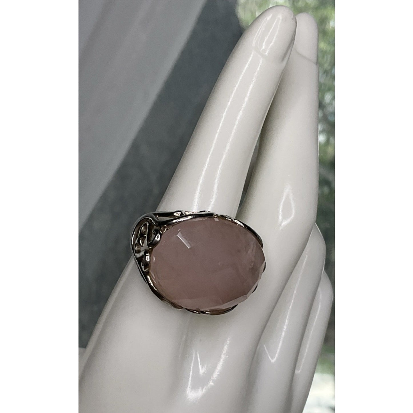 Vintage Sterling Silver Pink Faceted Rose Quartz Statement Ring Size 8.5
