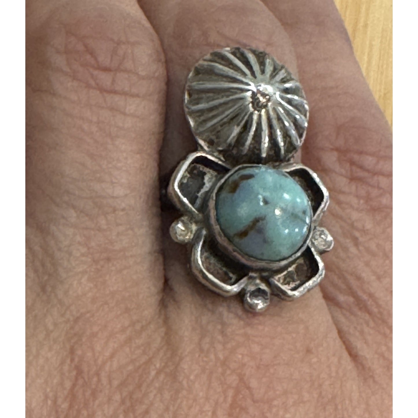 Vintage 925 Sterling Silver Turquoise Concho Flower Ring Southwestern Size 8