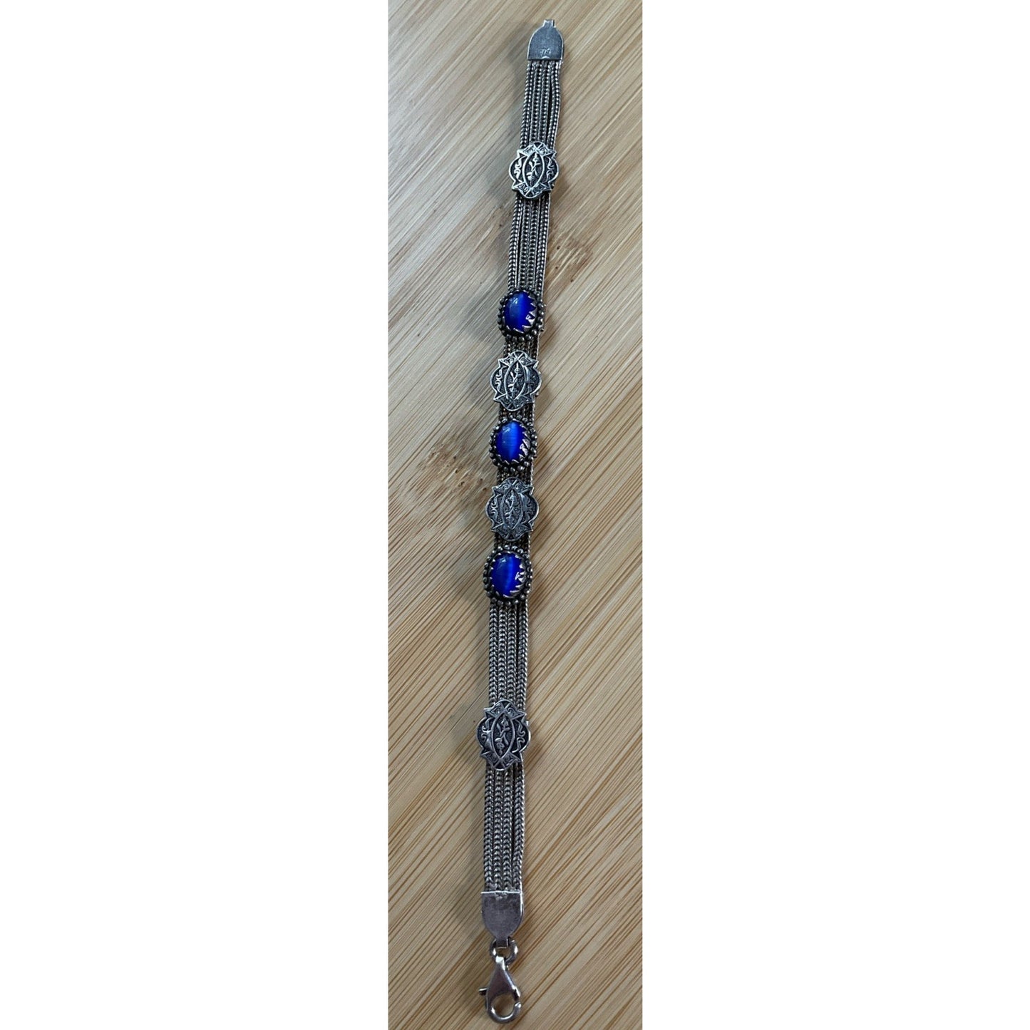 Vintage 925 Sterling Silver Blue Cat Eye Concho Multi Strand Bracelet 7.25”