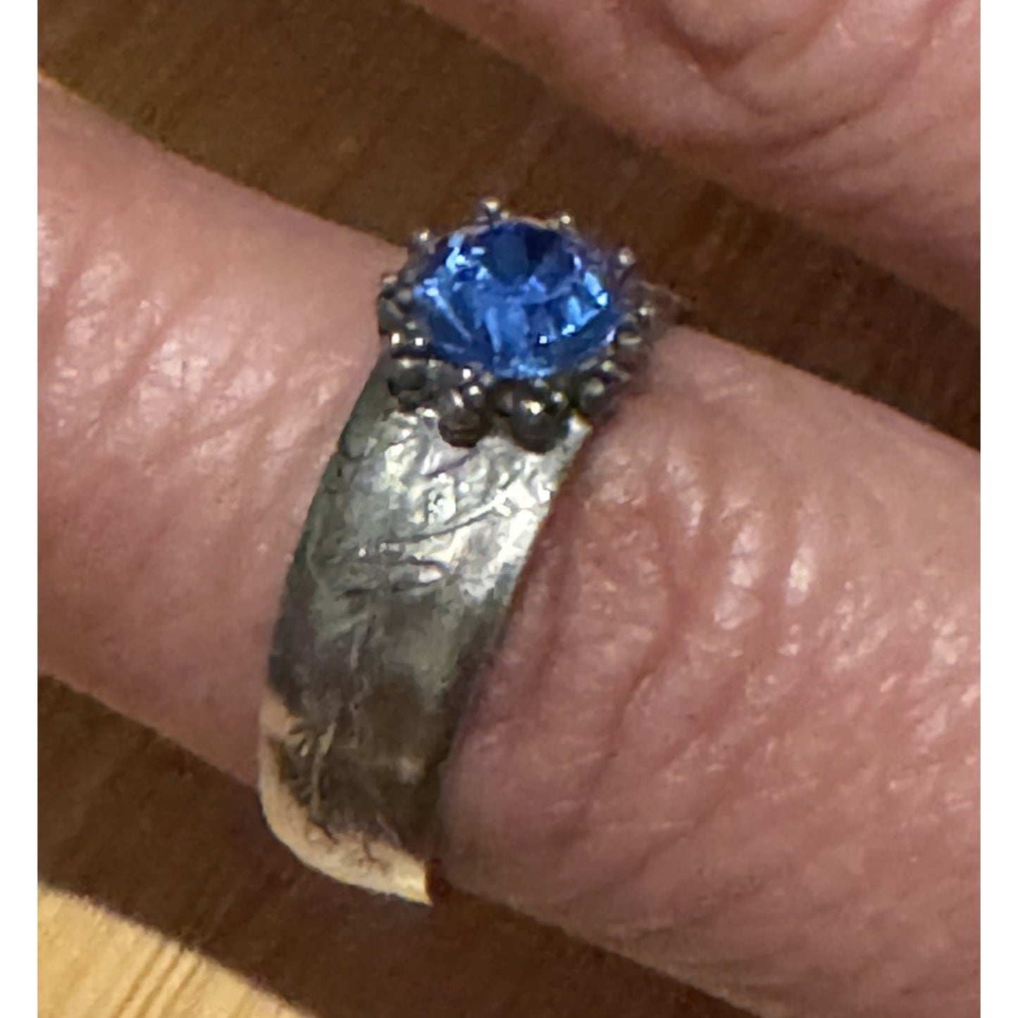 Vintage Thai Sterling Silver Blue Topaz Ring Wide Engraved Band