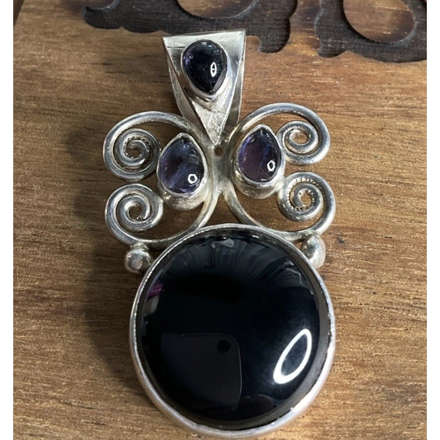 Vintage Sterling Silver Onyx & Amethyst Pendant Artisan Scroll Design