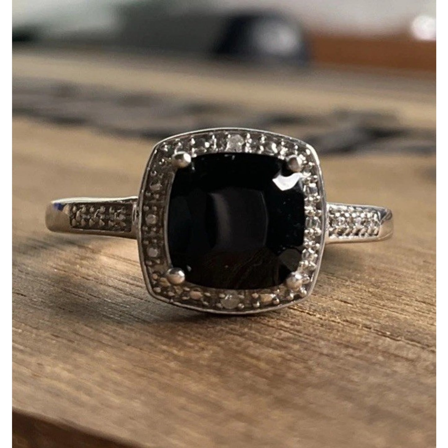 Sterling Silver Black Onyx Halo Ring Size 7.5 Cushion Cut Statement Ring 925
