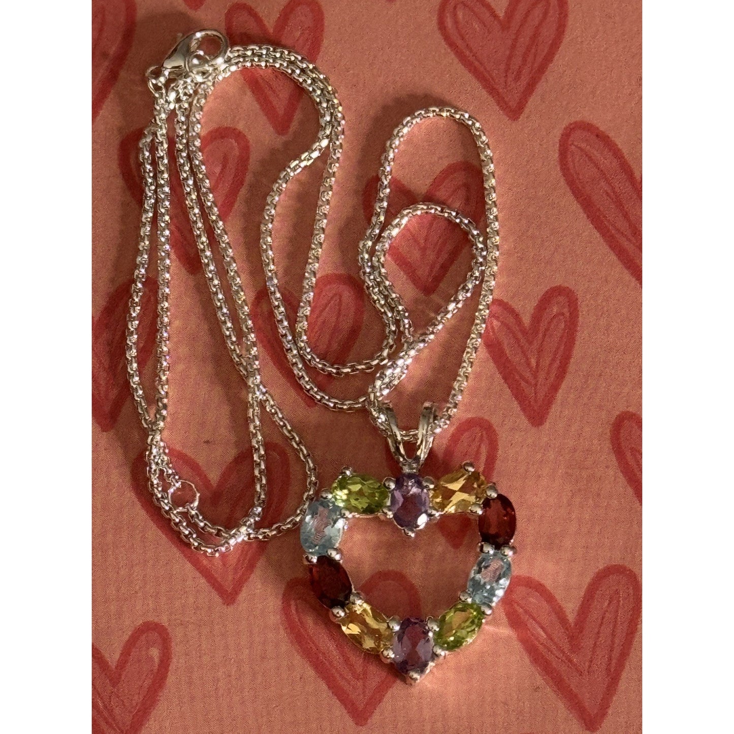 Vintage Sterling Silver Signed 925 HAN Gemstone Heart Pendant & Necklace circa 80s 90s