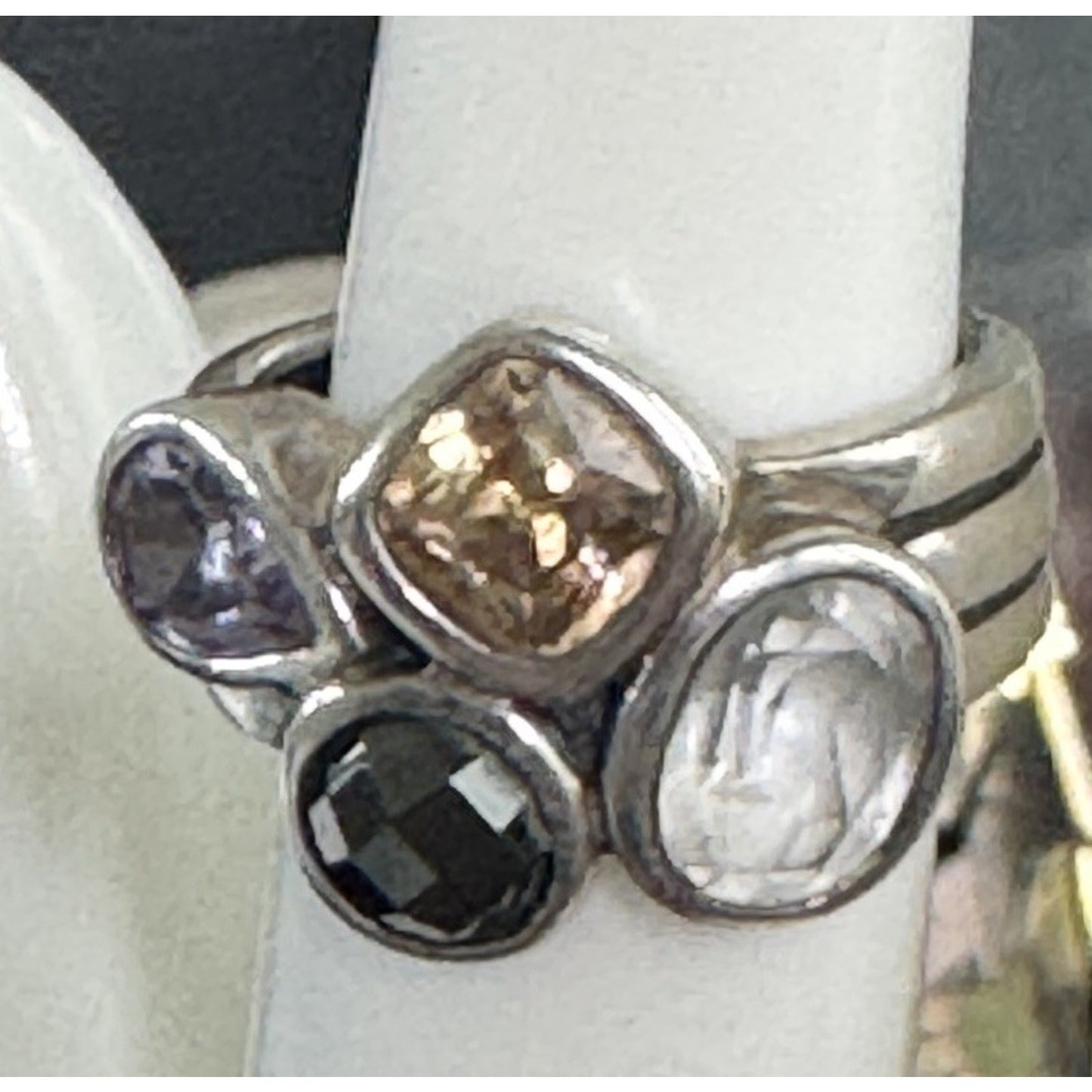 TRB Sterling Silver Cluster Champagne Topaz Iolite Black Spinel White Topaz 6.5
