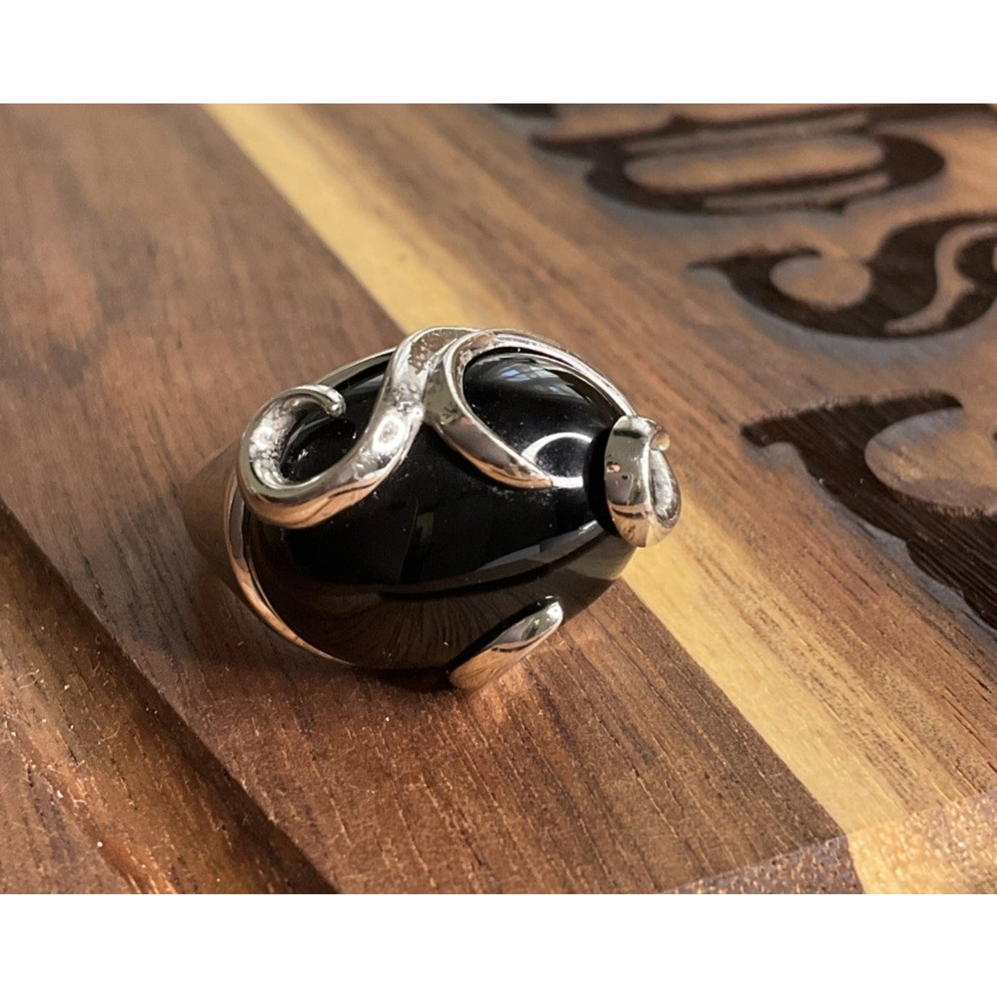 KN 925 Sterling Silver Black Onyx Ring Size 7.5 Large Cabochon
