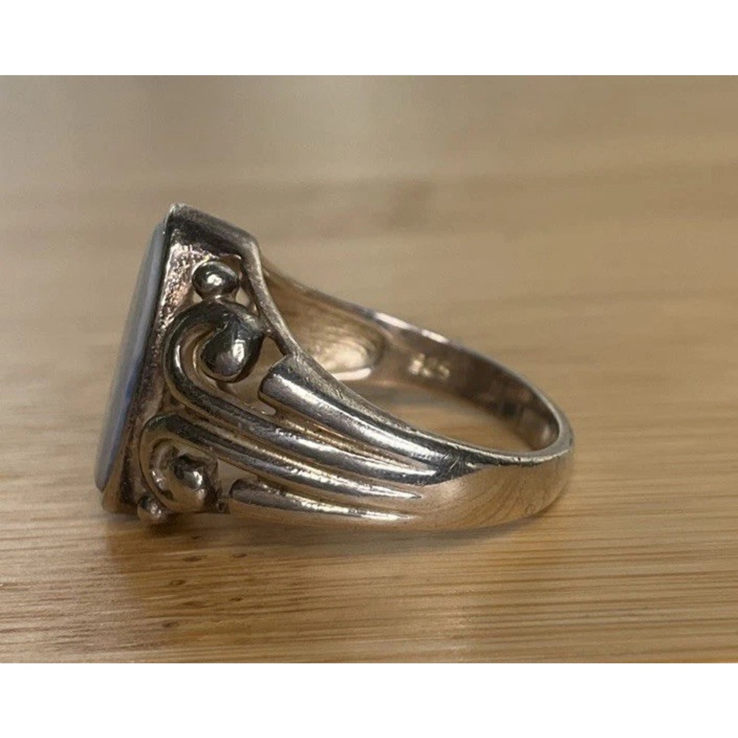 Vintage Sterling Silver Mother of Pearl Ring Oval Cabochon Scroll Filigree Sz 8