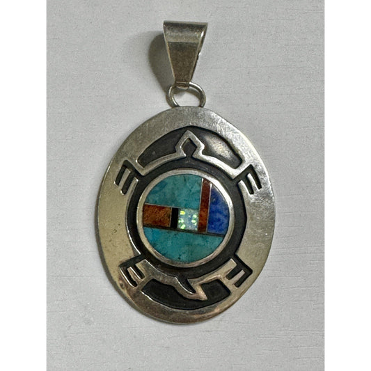 Vintage Zuni Native American Sterling Silver Inlay Pendant Signed F.L. 925