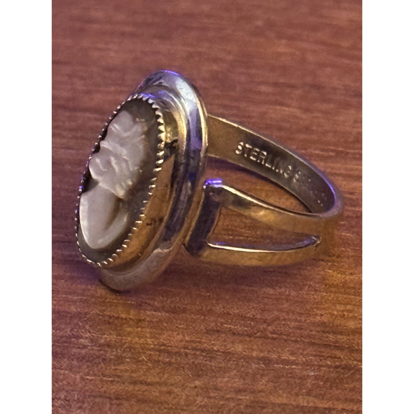Vintage Signed Sarah Coventry Sterling Silver Mother Of Pearl Cameo Ring, 6.5