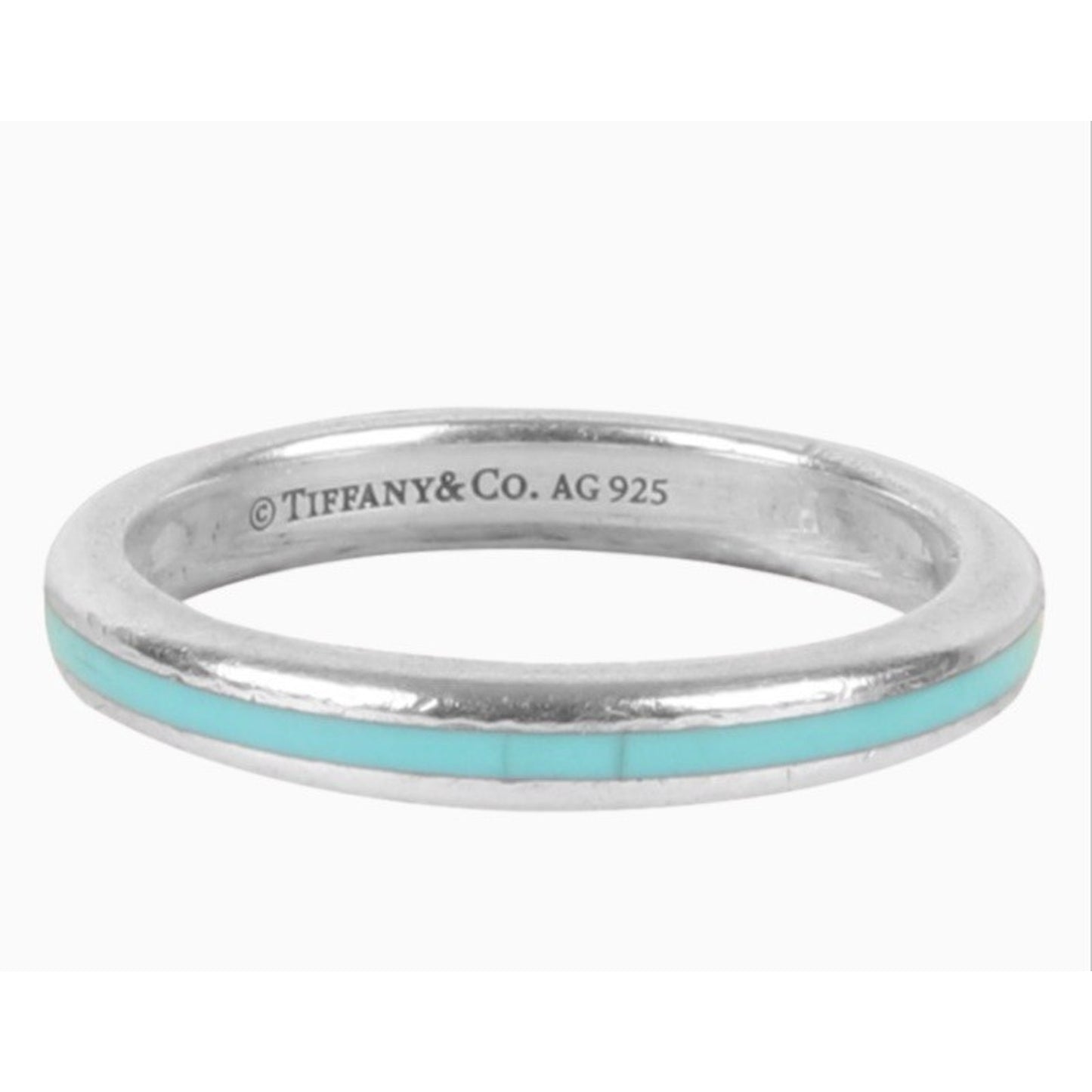 Retired Tiffany & Co. Blue Enamel Sterling Silver Narrow Stripe Band Ring Size 8