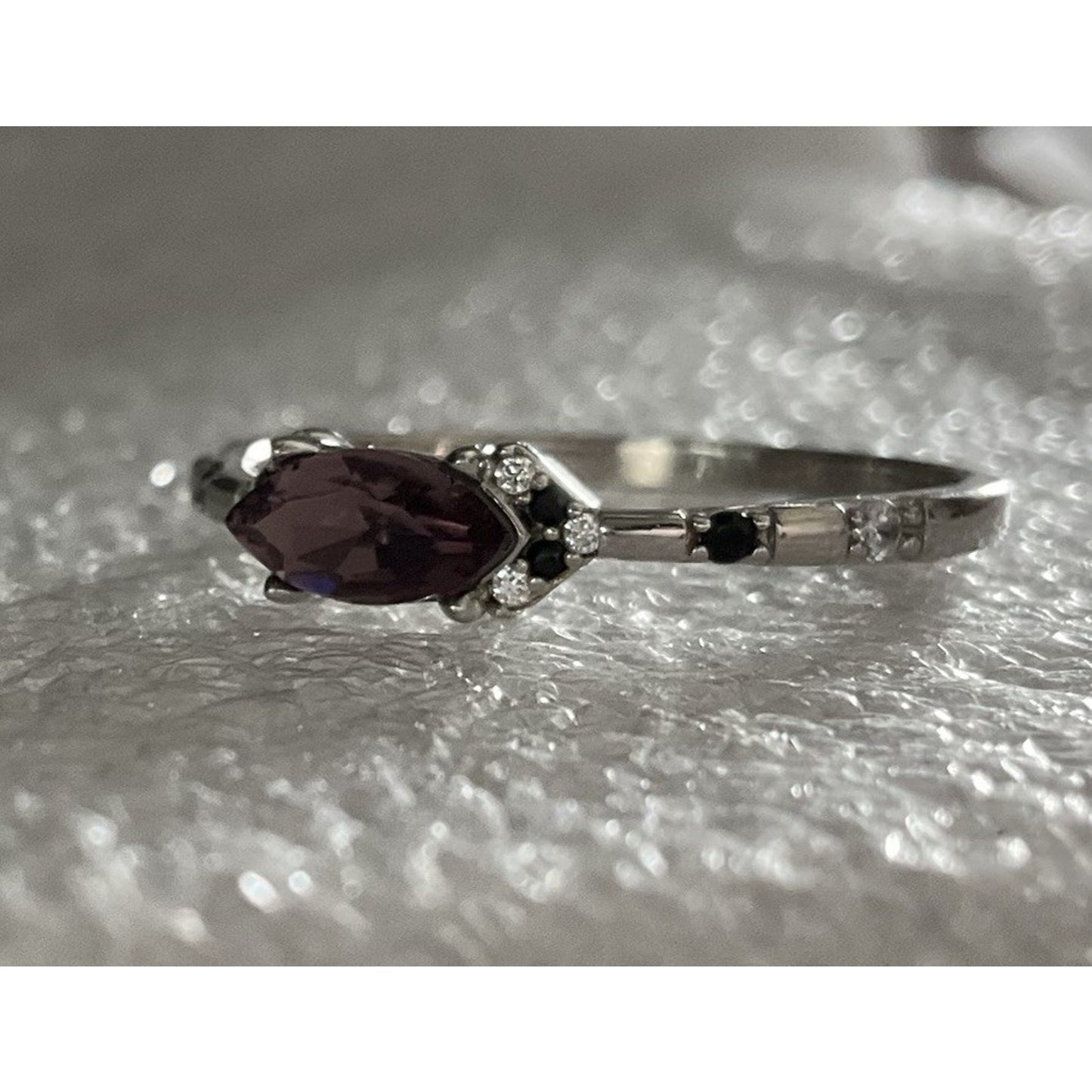 Sterling Silver Pink Marquise Gemstone Ring – Black Spinel & CZ Accents Size 10