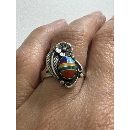 Vintage Native American Sterling Silver Zuni Inlay Ring Floral & Feather Size 7