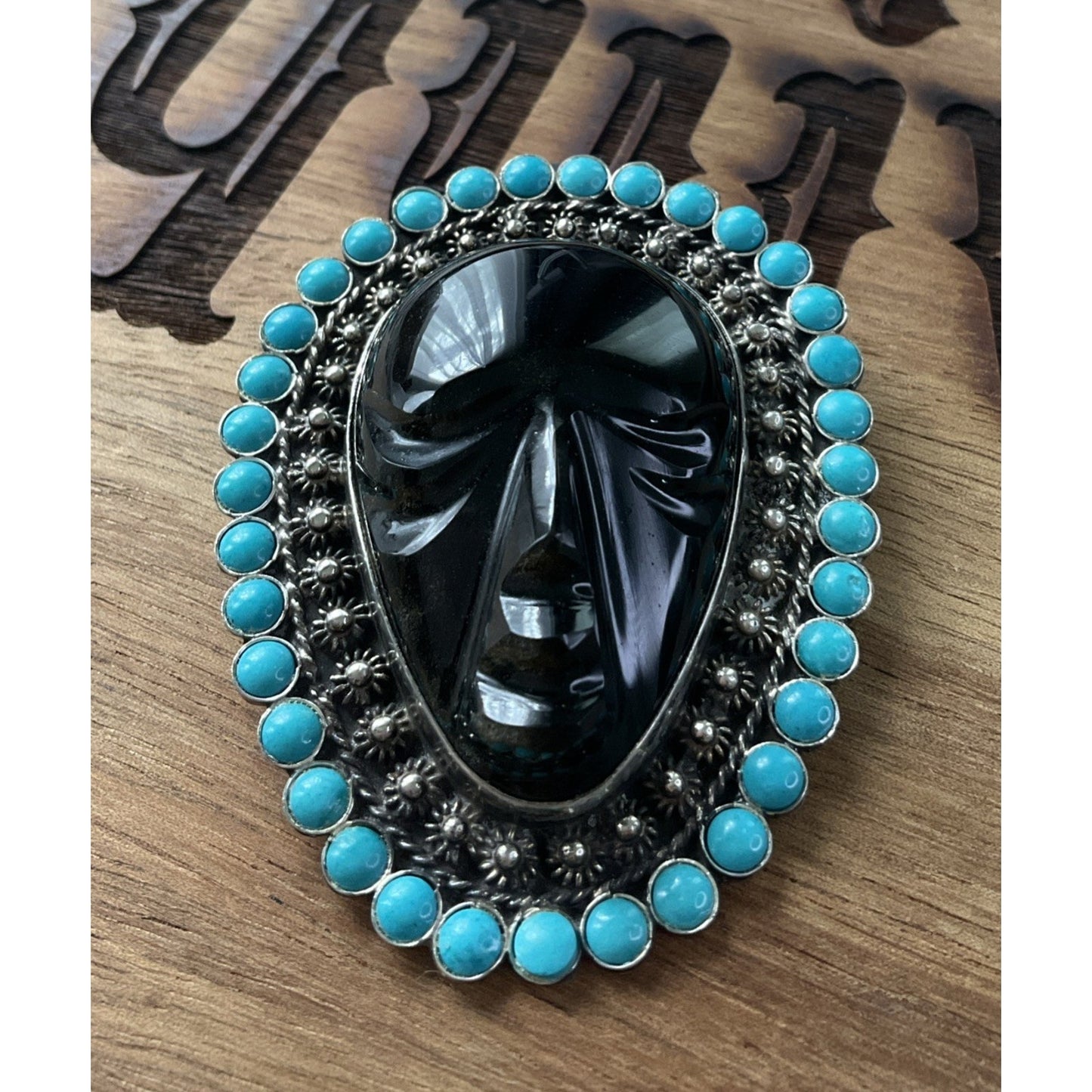 Sterling Silver Turquoise Carved Face Brooch Pendant 925 Large