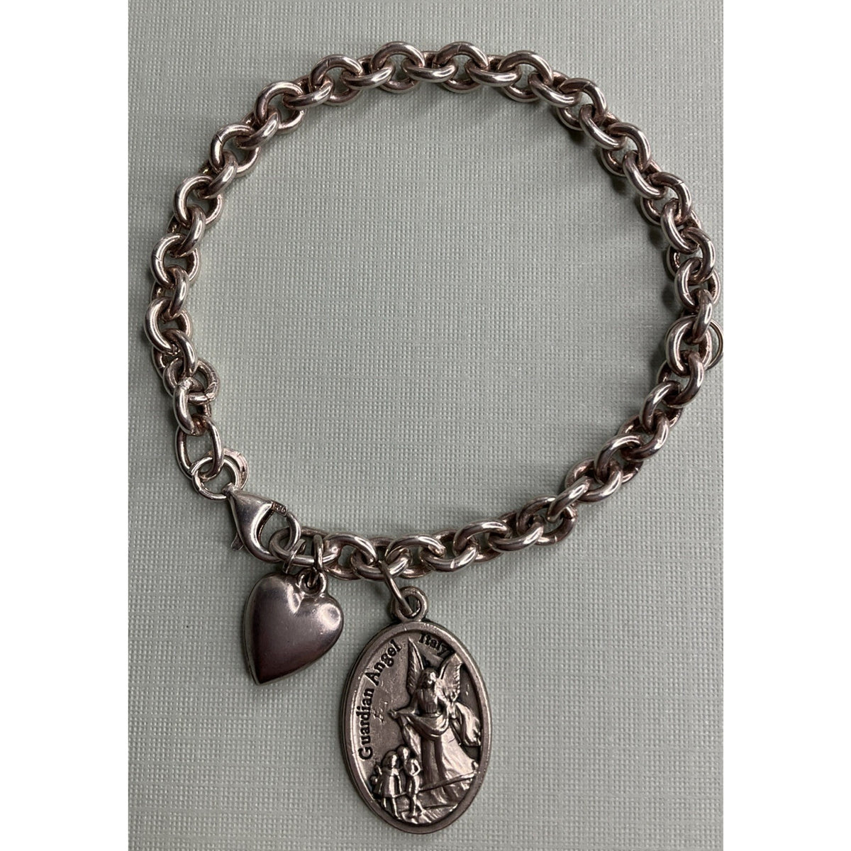 Vintage Italy Sterling Silver Guardian Angel Heart Charm Bracelet