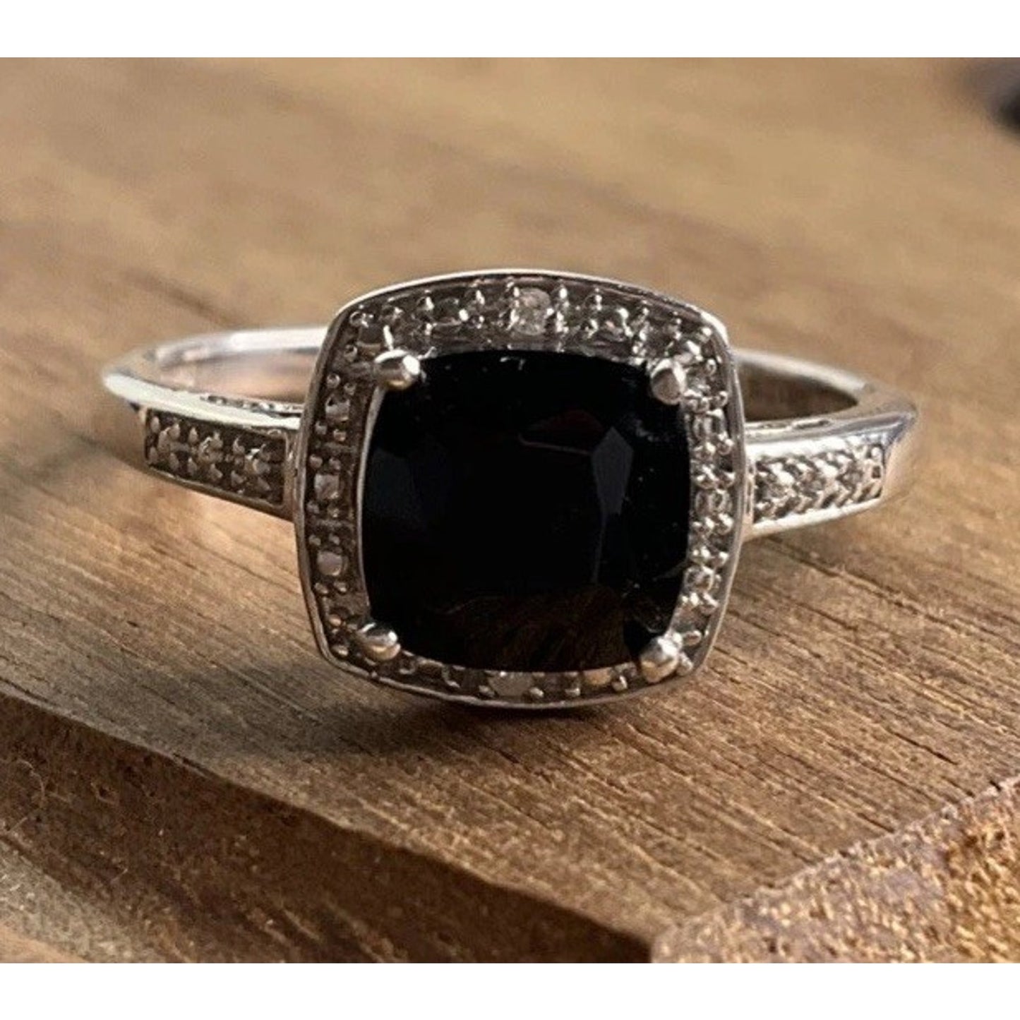 Sterling Silver Black Onyx Halo Ring Size 7.5 Cushion Cut Statement Ring 925