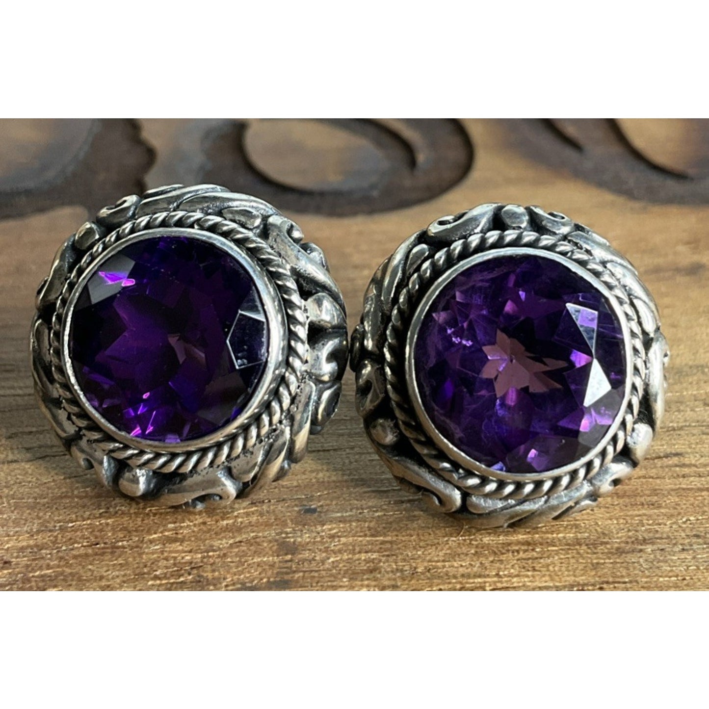 Vintage Sterling Silver Amethyst Purple Bali Stud Earrings