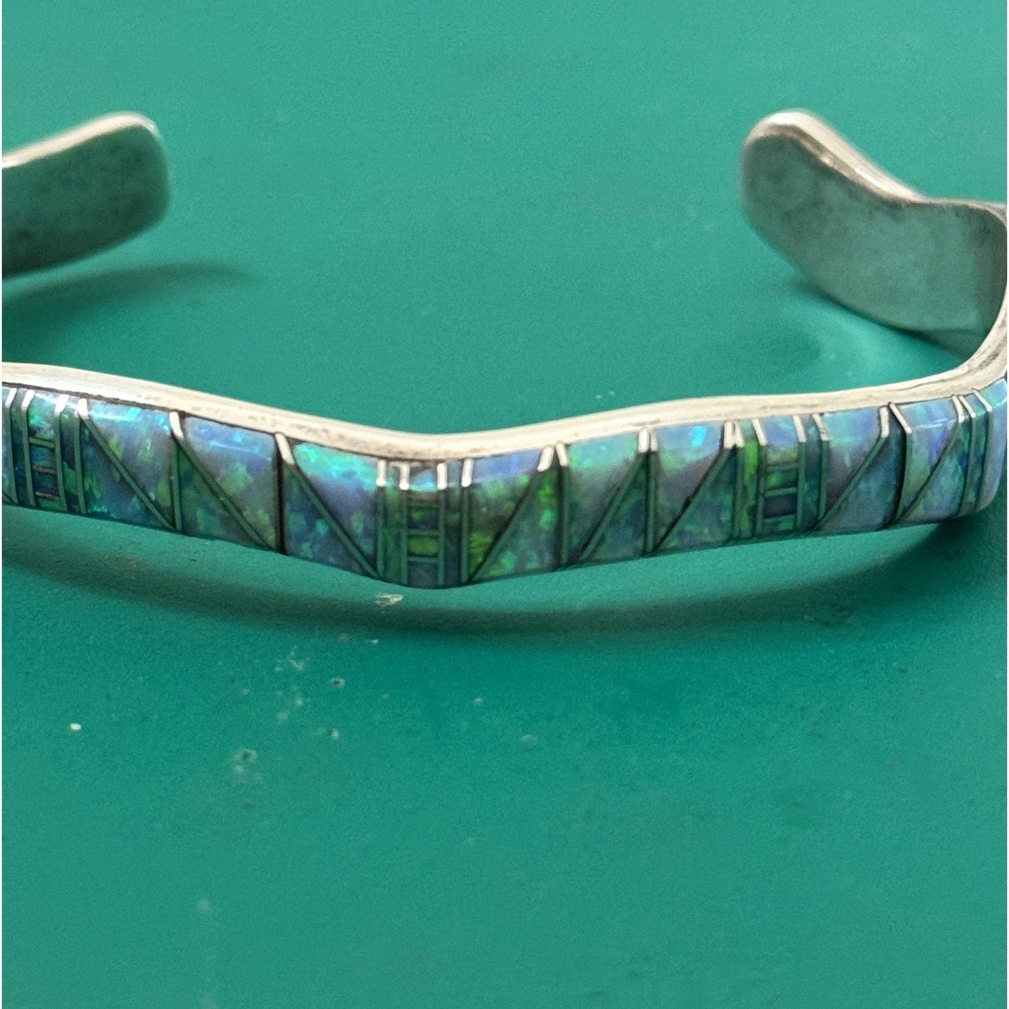 Vintage Southwestern Sterling Silver Blue Green Opal Inlay Cuff Bracelet 22g