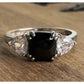 Sterling Silver Black Onyx & 3 Stone Ring Emerald Cut Trillion Accent Size 7.5