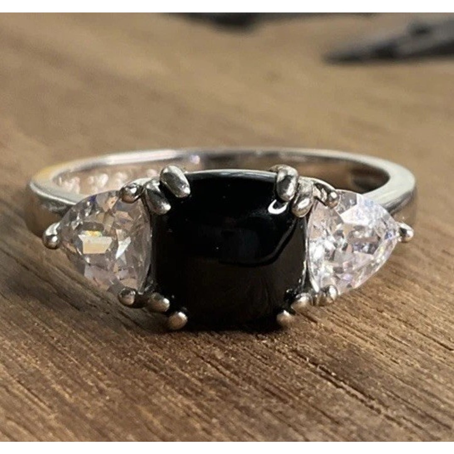 Sterling Silver Black Onyx & 3 Stone Ring Emerald Cut Trillion Accent Size 7.5